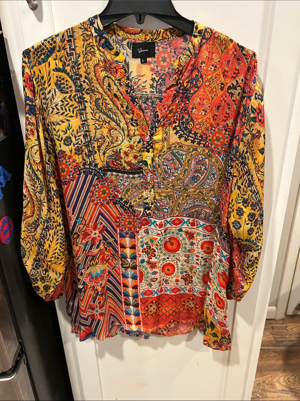 Shana Multicolor Floral Patchwork V-Neck Blouse - Yellow/Red